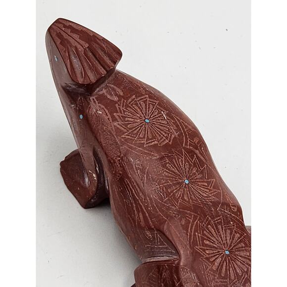 Native American Zuni Bear Fetish Derrick Kaamasee Pipestone Carving Turquoise 4" - Picture 14 of 16